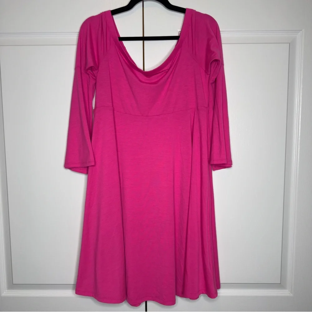 Torrid 00 Vibrant Pink Skater Dress Scoop Neck Bell Sleeve‎ Stretch Flare